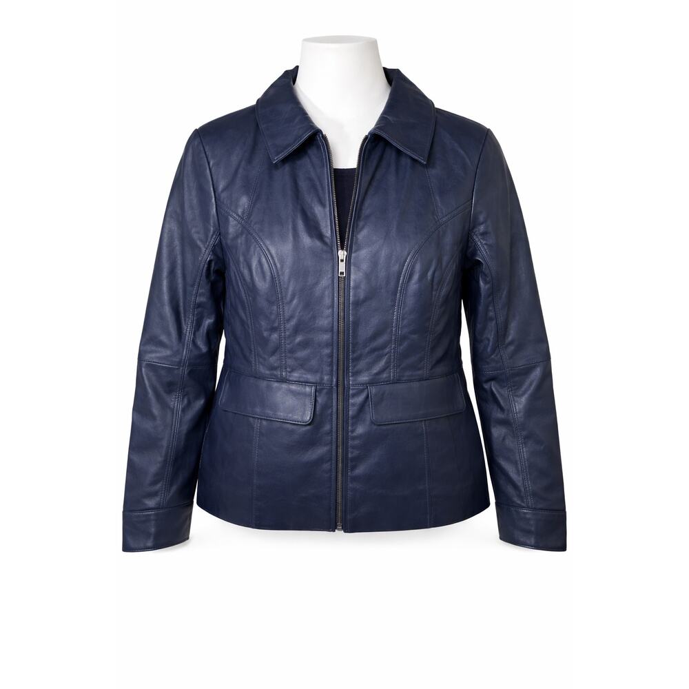 Denim and Co Petite Lamb‎ Leather Jacket Navy Zip Front SP